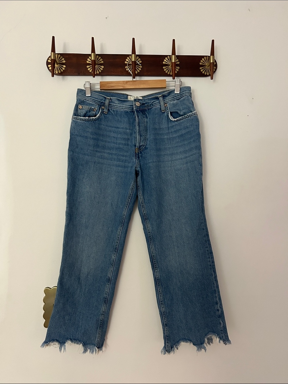 Free People Classic Blue Cropped Straight Jeans with Raw Hem